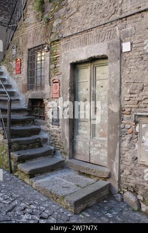 Rustikale Szene mit alter verwitterter Tür, Steintreppen, strukturierter Wand mit abblätternder Farbe, moosigem Grün Stockfoto