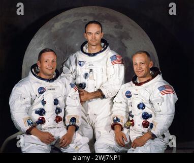 Apollo 11 Astronauten. Die Besatzung von Apollo 11, dem ersten Raumflug, der am 20. Juli 1969 Männer auf dem Mond landet. Von links nach rechts Neil Armstrong, Michael Collins und Buzz Aldrin. Foto mit freundlicher Genehmigung der NASA, Mai 1969. Stockfoto