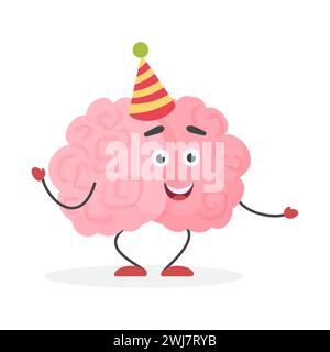 Netter glücklicher menschlicher Gehirn Charakter in Kegelform Hut feiert Geburtstagsparty Vektor Illustration Stock Vektor
