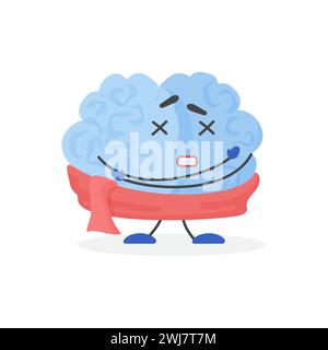 Nettes müdes trauriges blaues menschliches Gehirn im Schal, Zeichen krank mit Kälte und Grippe Vektor Illustration Stock Vektor
