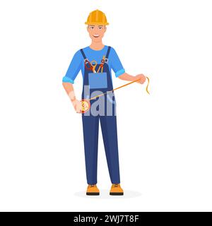 Glücklicher Baumeister, der Roulette hält, männlicher Bauarbeiter Charakter in Helmvektor Illustration Stock Vektor