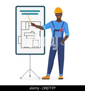 Bauarbeiter oder Ingenieur im Helm, der auf Grundrissvektorillustration zeigt Stock Vektor