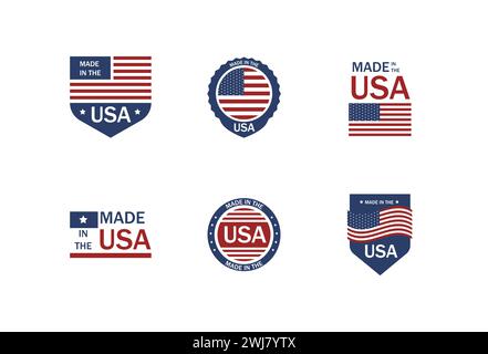 Made in usa Etikettenset. Firmenaufkleber mit amerikanischer Flagge Stock Vektor