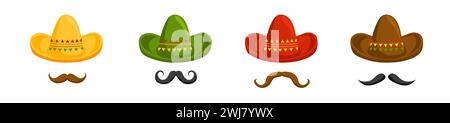 Mexikanische Sombrero-Hüte mit Schnurrbart-Set Stock Vektor