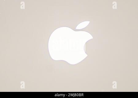 Weißes Apple-Logo auf Titan-Hintergrund. Nahaufnahme hat eine hohe Auflösung. Computermaterial aus Aluminium mit Apple-Logo. Apple-Logo auf einem Handy. Kiew, Stockfoto