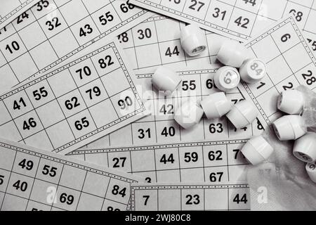Lottospiel spielen, Schwarzweiß. Würfel mit Figur auf Bingo-Kartenhintergrund, schwarz-weiß. Nostalgie Lifestyle. Tischspiele. Retro-Spiele. Stockfoto