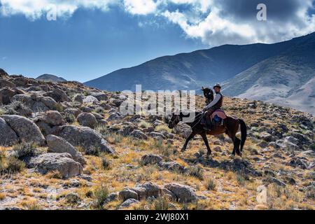 Traditioneller kirgisischer Adlerjäger in den Bergen auf der Jagd zu Pferd, in der Nähe von Kirgisil-Suu, Kirgisistan Stockfoto