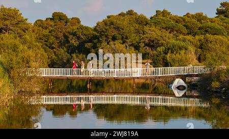 Menschen, die über eine Brücke gehen, mit einer perfekten Reflexion im Wasser, umgeben von Bäumen, Strofilia Biotope, Feuchtgebieten, Kalogria, Peloponnes, Griechenland Stockfoto