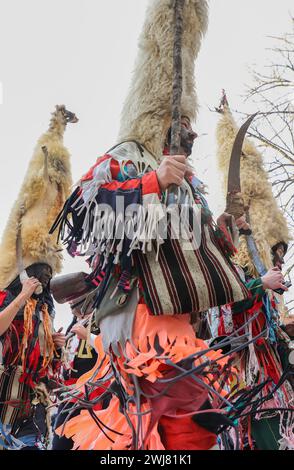 Sinj, Kroatien. Februar 2024. Menschen, die Schafvlies auf dem Kopf tragen, nehmen am 13. Februar 2024 an der Karnevalsparade der Region Cetina in Sinj, Kroatien, Teil. Didi aus Kamesnica tragen auf ihren Köpfen Schafvliese, bis zu 1,5 Meter hoch und Glocken um die Taille. Sie tragen alte Kleider, die mit bunten Fransen genäht sind. Sie symbolisieren den rituellen Kampf der guten Geister gegen den Winter, indem sie ihn verjagen, indem sie Lärm machen und auf und ab springen. Foto: Ivana Ivanovic/PIXSELL Credit: Pixsell/Alamy Live News Stockfoto