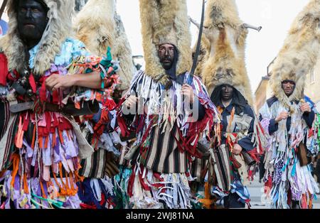 Sinj, Kroatien. Februar 2024. Menschen, die Schafvlies auf dem Kopf tragen, nehmen am 13. Februar 2024 an der Karnevalsparade der Region Cetina in Sinj, Kroatien, Teil. Didi aus Kamesnica tragen auf ihren Köpfen Schafvliese, bis zu 1,5 Meter hoch und Glocken um die Taille. Sie tragen alte Kleider, die mit bunten Fransen genäht sind. Sie symbolisieren den rituellen Kampf der guten Geister gegen den Winter, indem sie ihn verjagen, indem sie Lärm machen und auf und ab springen. Foto: Ivana Ivanovic/PIXSELL Credit: Pixsell/Alamy Live News Stockfoto