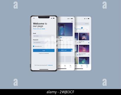 Smartphone-UI-App. Telefonbildschirme für die Anwendung im Shop. Mobile Schnittstelle mit Kontoanmeldung und Warenkorb. Stock Vektor