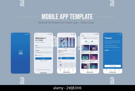 Smartphone-UI-App. Telefonbildschirme für die Anwendung im Shop. Mobile Schnittstelle mit Kontoanmeldung und Warenkorb. Stock Vektor