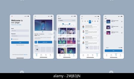 Smartphone-UI-App. Telefonbildschirme für die Anwendung im Shop. Mobile Schnittstelle mit Kontoanmeldung und Warenkorb. Stock Vektor