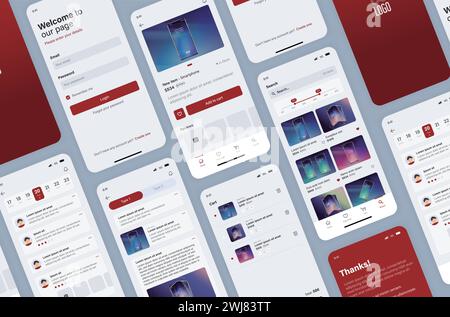 Smartphone-UI-App. Telefonbildschirme für die Anwendung im Shop. Mobile Schnittstelle mit Kontoanmeldung und Warenkorb. Stock Vektor