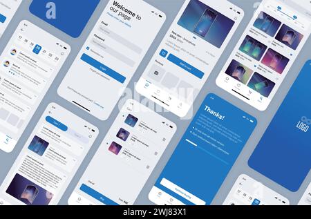 Smartphone-UI-App. Telefonbildschirme für die Anwendung im Shop. Mobile Schnittstelle mit Kontoanmeldung und Warenkorb. Stock Vektor