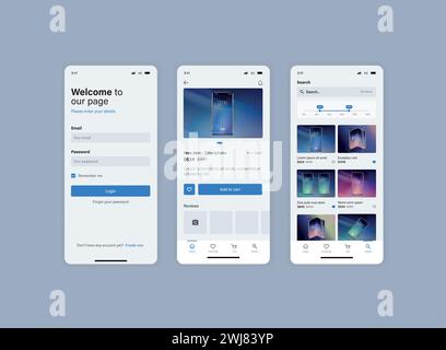 Smartphone-UI-App. Telefonbildschirme für die Anwendung im Shop. Mobile Schnittstelle mit Kontoanmeldung und Warenkorb. Stock Vektor