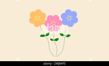 Einfache orange rosa blaue Blüten mit gansgelbem Hintergrund Stockfoto