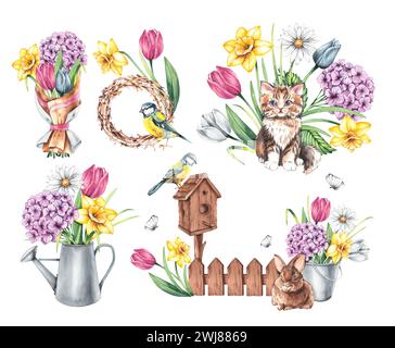 Aquarellset mit Frühlingsillustrationen mit Vögeln, Blumen, Katze im Vintage-Stil. Isolierte Illustrationen auf weißem Hintergrund. Cute Hand dr Stockfoto