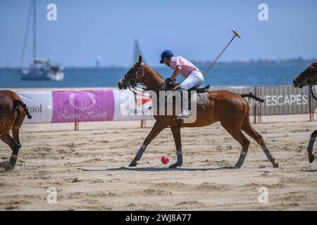 Melbourne, Australien. Februar 2024. Spieler Nummer 2 (Mitte) des Whispering Angel Teams wird in einem Polospiel gegen Captain Baxter beim Luxury Escapes Twilight Beach Polo 2024 in Aktion gesehen. (Foto: Alexander Bogatyrev/SOPA Images/SIPA USA) Credit: SIPA USA/Alamy Live News Stockfoto