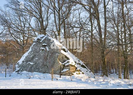 Großer Felsen am Rande eines Feldes in einer Winterszene. Erschossen in Schweden, Skandinavien Stockfoto