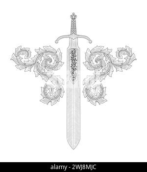 Antikes Schwert mit Ornament, Vintage Gravur Zeichnung Stil Illustration Stock Vektor