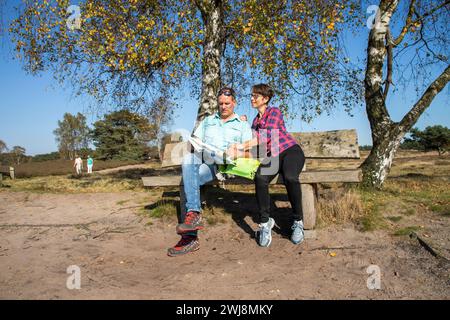 Wanderer in der Westruper Heide, Heidelandschaft bei Haltern am See, Naturpark hohe Mark Westmünsterland, NRW, Deutschland Westruper Heide *** Wanderer in der Westruper Heide, Heidelandschaft bei Haltern am See, Naturpark hohe Mark Westmünsterland, NRW, Deutschland Westruper Heide Stockfoto