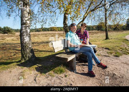 Wanderer in der Westruper Heide, Heidelandschaft bei Haltern am See, Naturpark hohe Mark Westmünsterland, NRW, Deutschland Westruper Heide *** Wanderer in der Westruper Heide, Heidelandschaft bei Haltern am See, Naturpark hohe Mark Westmünsterland, NRW, Deutschland Westruper Heide Stockfoto