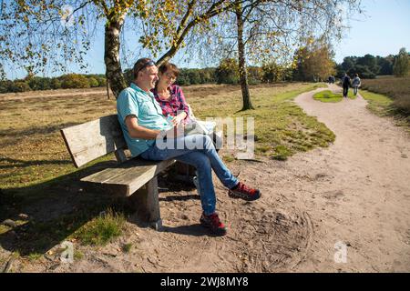 Wanderer in der Westruper Heide, Heidelandschaft bei Haltern am See, Naturpark hohe Mark Westmünsterland, NRW, Deutschland Westruper Heide *** Wanderer in der Westruper Heide, Heidelandschaft bei Haltern am See, Naturpark hohe Mark Westmünsterland, NRW, Deutschland Westruper Heide Stockfoto