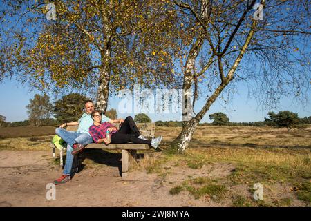 Wanderer in der Westruper Heide, Heidelandschaft bei Haltern am See, Naturpark hohe Mark Westmünsterland, NRW, Deutschland Westruper Heide *** Wanderer in der Westruper Heide, Heidelandschaft bei Haltern am See, Naturpark hohe Mark Westmünsterland, NRW, Deutschland Westruper Heide Stockfoto