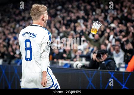 Magnus Mattson feiert nach 1-1 Treffern im 1/8-Finale der UEFA Champions League in Parken, Kopenhagen, Dienstag, den 13. Februar 2024. (Foto: Mads Claus Rasmussen/Ritzau Scanpix) Stockfoto