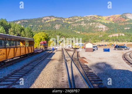 Rockwood Train Station an der Durango and Silverton Narrow Gauge Railroad in Colorado. Rockwood ist die letzte Zughaltestelle zwischen Durango und Silverton. Stockfoto