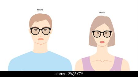 Runde Rahmen Brille auf Frauen und Männer flache Charakter Mode Accessoire Illustration. Sonnenbrille Vorderansicht Unisex Silhouette Stil, Rand Brille Brille mit Linse Sketch Stil Umriss isoliert Stock Vektor
