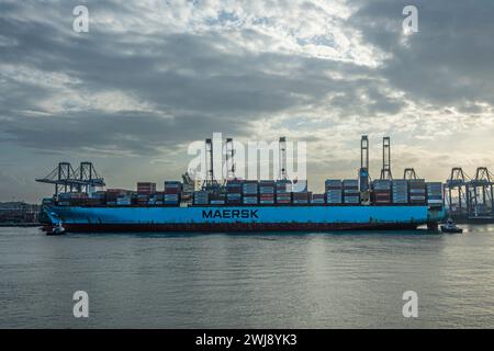 Panamakanal, Panama - 24. Juli 2023: Nahaufnahme, Hafenseite des Containerschiffs Maersk Edmonton im Hafen von Balboa, Krane entlang des Kais unter Morgenclou Stockfoto