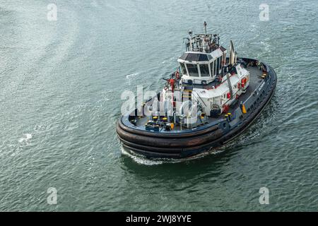 Panamakanal, Panama - 24. Juli 2023: Calovebora Schlepper-Nahaufnahme auf grünlichem Kanalwasser Stockfoto