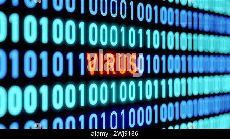 Virusmeldung. Binärcode, Virus im Computersystem. Virusmeldung. Computervirusangriff, Binärcode, Null und eins, Computersystem. Viruswarnung Stockfoto
