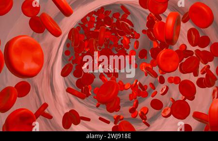 Blutzellen, die durch die Vene fließen. Blutzellen, die durch die Vene fließen. Hämoglobin, Körper, Blutbahn, Blutplasma, Arterien. 3D-Illustration Stockfoto