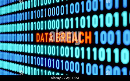 Meldung zu Datenschutzverletzungen. Binärcode, Datenverletzung im Computersystem. Meldung zu Datenschutzverletzungen. Binärcode, Null und eins, Datenverletzung im Computersystem Stockfoto