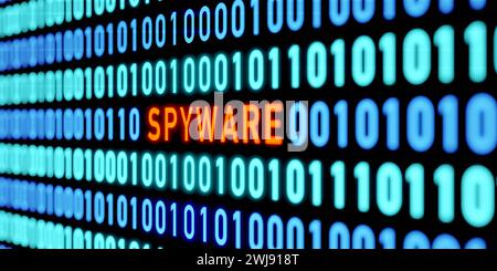 Spyware-Nachricht. Binärcode, Spyware im Computersystem. Spyware-Nachricht. Computervirusangriff, Binärcode, Null und eins, Computersystem. Viru Stockfoto