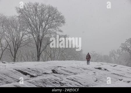NEW YORK, New YORK – 13. Februar 2024: Während eines Wintersturms wird eine Person im Central Park von Manhattan gesehen. Stockfoto