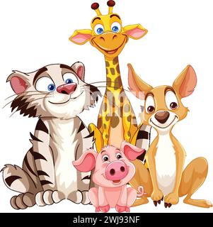 Gruppe von Zeichentricktieren, die zusammen lächeln und posieren Stock Vektor
