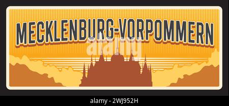 Mecklenburg Vorpommern Deutsches Stadtreiseschild. Vector Deutschland Europa Wahrzeichen, Straßenschild. In Deutschland gibt es Zinntafeln mit Slogan, Schilder für Touristen mit Silhouette für Stadtrundfahrten Stock Vektor