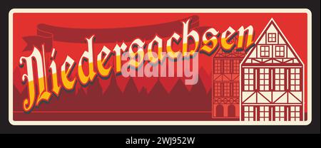 Niedersachsen deutsches Retro-Reiseschild, europäisches Reiseziel. Deutschland Europa Wahrzeichen, Straßenschild. Vector Deutschland gibt Metallschild mit Slogan an, touristische Zielbeschilderung Stock Vektor