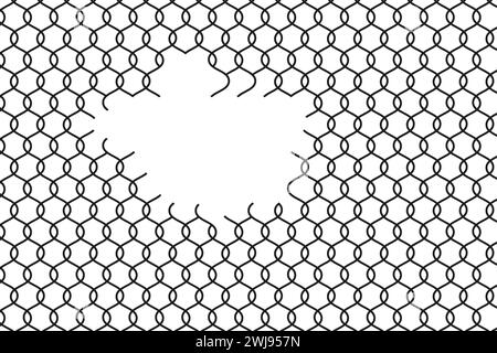 Gebrochener Maschendrahtzaun. Gerissene pirson-Gitterstruktur. Rabitz- oder Kettenglied-Zaun mit geschnittenem Loch. Vektorabbildung. EPS 10. Stock Vektor