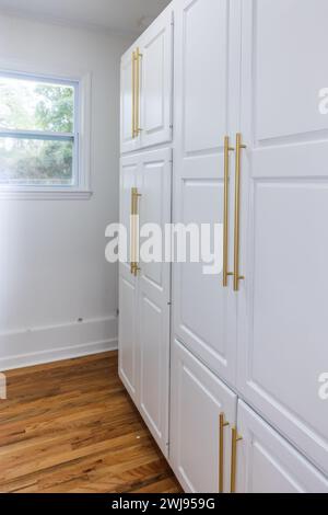 Modernisierte weiße Shaker-Schränke mit eleganten goldenen, schlanken, dünnen Hardware in einem neu renovierten Waschraum mit Hartholzböden Stockfoto