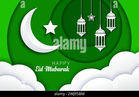 EID Mubarak, Ramadan Kareem grünes Papier geschnittene Grüße mit Halbmond, arabische Laternen und Himmelswolken für Feiertagsvektorhintergrund. Glückliche Ramadan Kareem und Eid Mubarak in Papierschnitten Stock Vektor