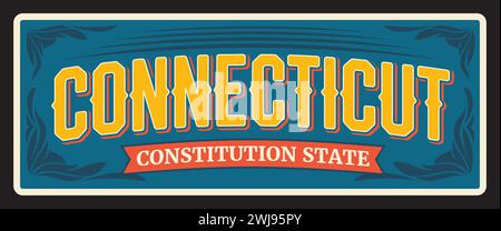 USA Connecticut-Schild, Vintage-Reiseschild. Amerikanisches Reise- und Tourismusschild, Statue State Symbol Vintage-Tafel des südlichsten Bundesstaates in der Region New England im Nordosten der Vereinigten Staaten Stock Vektor