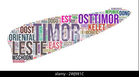 Timor-Leste Country Form Wortwolke. Typografie-Stil Länderdarstellung. Timor-Leste-Bild im Textwolken-Stil. Vektorabbildung. Stock Vektor