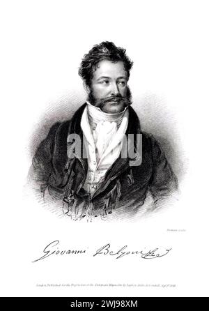 1822 c. , ITALIEN : der gefeierte italiener GIOVANNI BATTISTA BELZONI ( 1778–1823 ) , auch bekannt als der große Belzoni , war ein produktiver italienischer Entdecker und Pionier-Archäologe ägyptischer Antiken . Er ist bekannt für seine Entfernung der sieben Tonnen schweren Büste von Ramesses II nach England , die Reinigung des Sandes vom Eingang des großen Tempels von Abu Simbel , die Entdeckung und Dokumentation des Grabes von Seti I (auch heute noch als Belzoni's Grab bekannt), und der erste, der in die zweite Pyramide von Gizeh eindringt. Porträt von Thomson, gedruckt in London, England, von The European Stockfoto