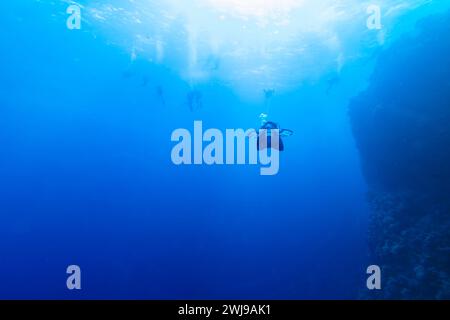 Taucher schwimmen und flossen durch klares, blaues Wasser entlang einer Korallenriffwand, während eine Gruppe von Tauchern einen Sicherheitsstopp über der Decke einlegt Stockfoto