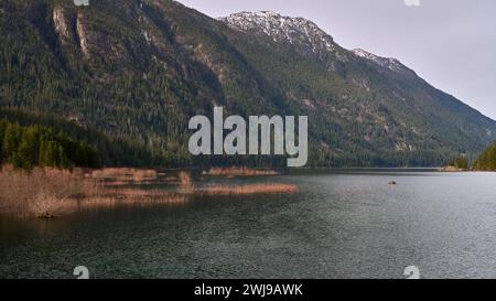 Blick auf den Buttle Lake von der Brücke am Ende des Sees mit schneebedeckten Bergen in der Ferne. Stockfoto